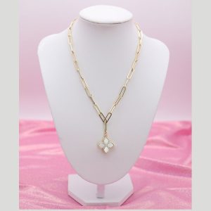 Gold Paperclip Necklace with Pearl Clover Pendant